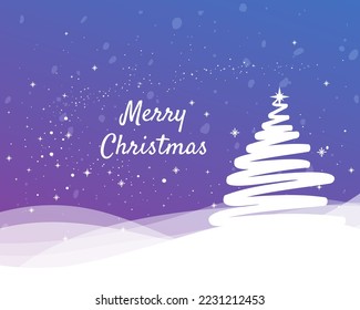 Merry Christmas greeting cart, template,Blue, violet, purple colour. Christmas tree, snowflakes, snow, magic sparkles