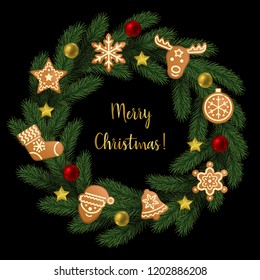 Merry Christmas greeting catd with round fir frame, gingerbread and toys on black background. Winter holiday pattern for templates, greeting card, menu and invitations with text place.