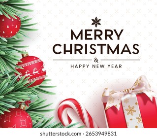 Merry Christmas greeting clipart border design. Merry Christmas and happy new year greeting card template with fir leaves, red xmas balls, gift box and candy cane decoration elements clip art  