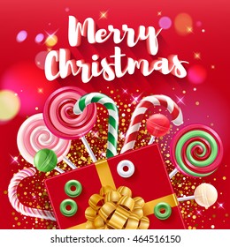 Merry Christmas greeting colorful vector illustration. Sweets and gift box with golden ribbon poster card banner design. New year background. Holiday candies.