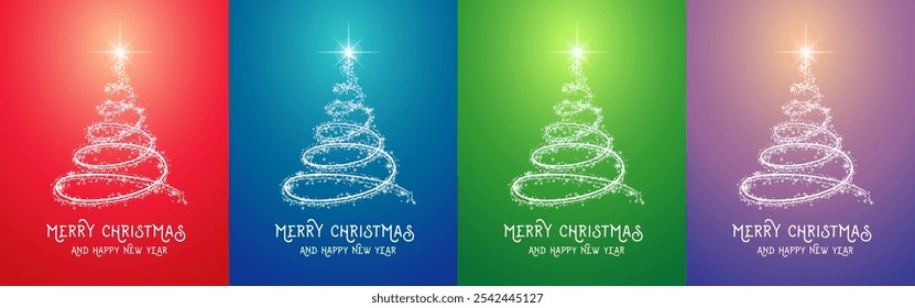 Merry Christmas greeting concept with sparkling Christmas tree made of spiral light, glowing glitter, shiny bokeh and lit star spinning around. Colorful set in red, blue, green and purple background.