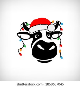 Merry Christmas greeting cow card on white background. Cute cow Heifer with red hat. Christmas lights on cow horns. Humor card, t shirt composition, hand drawn style print. Vector illustration.