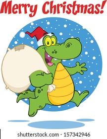 Merry Christmas Greeting With Crocodile Santa Cartoon Character Running With Bag