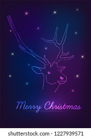 Merry Christmas greeting with deer on galaxy background. Winter neon illustration with magical night sky and text design. Vector card, poster.