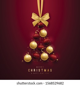 Merry Christmas greeting design for invitations, promo flyers, greeting cards and etc. Christmas tree silhouette consisting of decorative balls on a dark red background.