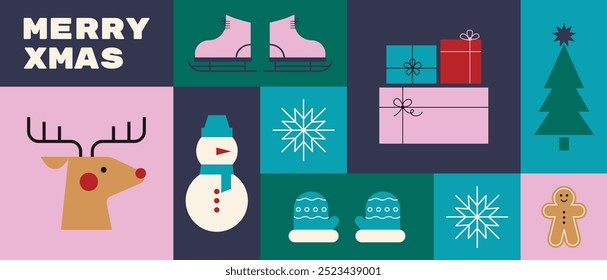 Merry Christmas greeting design. Trendy modern template with Christmas elements in flat style. Christmas background, festive poster, greeting card.