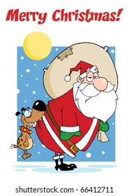 Merry Christmas Greeting With Dog Biting A Santa Claus In The Night