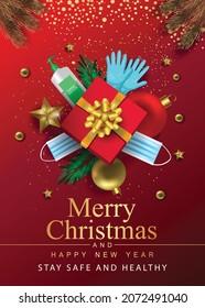 merry Christmas greeting. décor with Christmas elements in red background. vector illustration design. covid 19, corona virus concept.