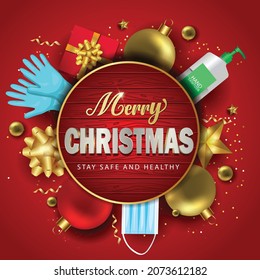 merry Christmas greeting. décor with Christmas elements in red wooden background. vector illustration design. covid 19, corona virus concept.