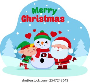 Merry Christmas Greeting With Elf, Snowman And Santa. Vector Illustration Flat Design With Landscape Background