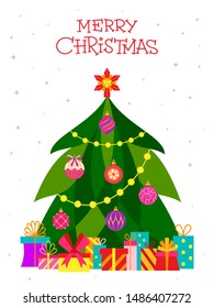 Merry Christmas greeting flat illustration and text concept card. Winter holiday poster design. Christmas tree, decoration, gift boxes color banner. Xmas lettering Vector wishing inscription postcard