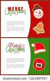 Merry Christmas greeting, gingerbread cookies in shape of snowman and jingle bell, Santa hat and belt. Winter holiday treat or dessert of dough vector