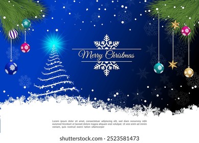 Merry Christmas greeting with glowing tree and hanging ornaments on a dark blue snowy background
