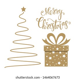 Merry Christmas greeting. Golden Christmas tree and gifts on a white background. Vector illustration.