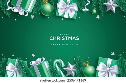 Feliz felicitación de Navidad diseño de Vector de tarjeta verde. Navidades y texto de felicitación de feliz año nuevo con hojas de pino, abeto, cajas de regalo y adornos de estrellas en fondo verde. feriado de Ilustración vectorial 