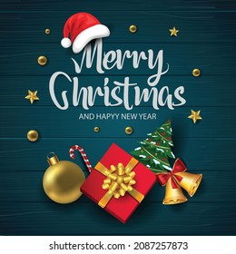 merry Christmas greeting with green wooden background. vector illustration design