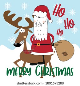Merry Christmas- greeting with hand drawn Santa Claus and reindeer.
Good for greeting crad, poster, Chiristmas decoration, and gift design.
