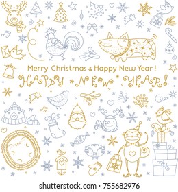 Merry christmas greeting hand drawn sign with different new year celebration elements. Dog, rooster, monkey, tiger, santa claus, deer, snowman, birds, hedgehog doodle icons. Linear flat symbols set