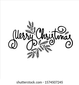 Merry Christmas greeting hand lettering. Holiday monochrome logo. Black handwritten inscription decorated with fir tree branches. Greeting card template. Isolated on white background