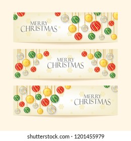 Merry Christmas Greeting with hanging christmas balls Set. Banner, Poster, and Event Background Illustration Vector Design. 