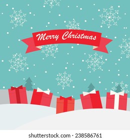Merry Christmas Greeting and Happy New Year card with winter landscape, snowfall and gift boxes, vector illustration 