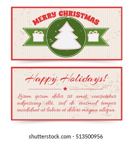 Merry Christmas greeting horizontal banners with congratulate text paper fir tree presents in vintage style vector illustration
