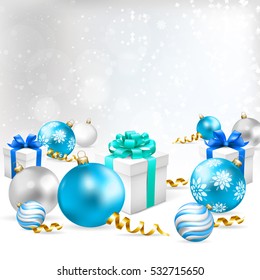 Merry Christmas greeting illustration with balls, gift boxes and snow. Vector illustration.