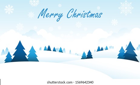 Merry christmas greeting illustration with scene of pine trees and clouds in flat design.