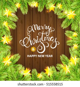 Merry Christmas greeting illustration with stras garland and fir-tree on wood background. Merry Christmas calligraphy. Vector illustration.