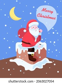 Merry Christmas greeting with the image of Santa Claus, who climbs out of the pipe