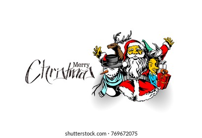 Merry christmas, greeting and invitation card.Christmas snowmen with santa gifts collection