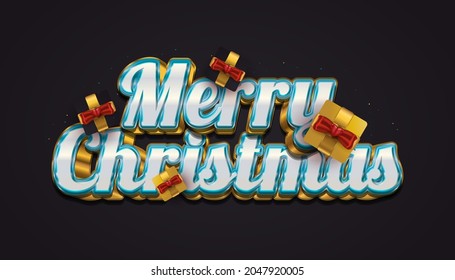 Merry Christmas Greeting with Luxury 3D Lettering and Elegant Gift Box in Black and Gold