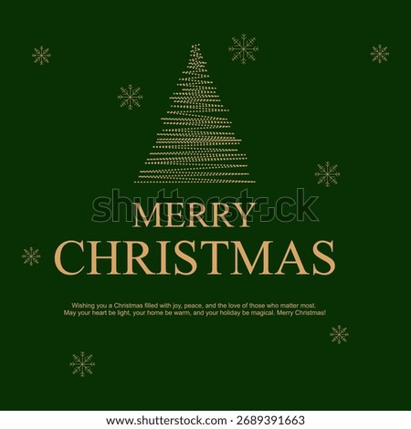 Merry Christmas Greeting with Minimal Gold Tree and Snowflakes on Green Background