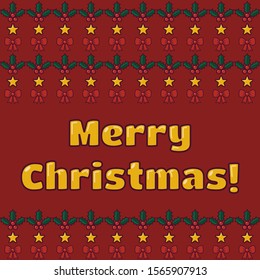 Merry christmas greeting on ugly sweater background. Mistletoe, stars, bows on red color