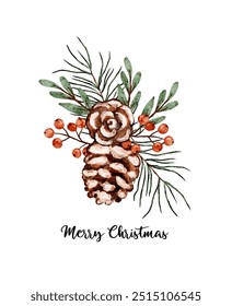 Merry Christmas greeting post card with pine cone, red berry and Christmas tree twig vector