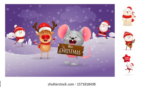 Merry Christmas greeting postcard with cute mouse. Lettering with decorations can be used for invitation and greeting card. Holiday concept