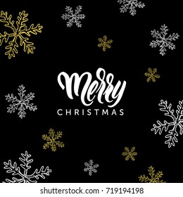 Merry Christmas greeting postcard design with modern calligraphy lettering and  christmas doodle.