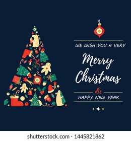 Merry Christmas greeting postcard with Christmas eve and elements