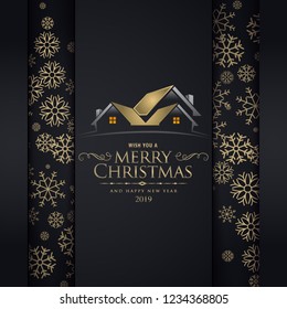 Merry Christmas greeting postcard. Family houses on a black background decorated with golden snowflakes. 