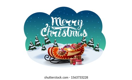 Merry Christmas, greeting postcard in the form of abstract cloud with winter cartoon landscape and Santa Sleigh with presents