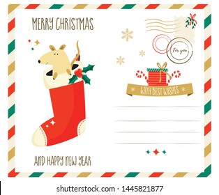 Merry Christmas greeting postcard with mouse. Holiday wishes
