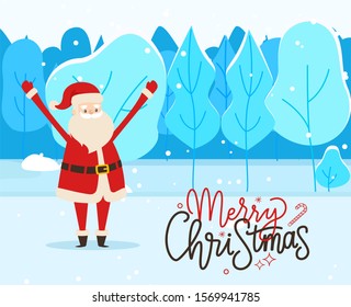 Merry christmas greeting postcard. Santa claus standing on ground in snowy forest. Christmas time in december, traditional winter holiday. Vector illustration of greet of character in red clothes