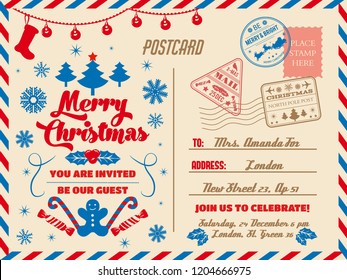 Merry Christmas greeting postcard, winter holiday congratulation and party invitation. Vector postal card with stamps and address, Xmas tree and holly berry. Cane candy and gingerbread cookie, garland