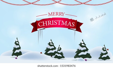 Merry Christmas, greeting postcard with winter cartoon landscape on the background