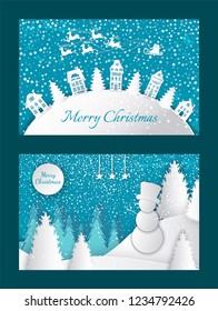 Merry Christmas greeting postcards with houses and spruces on hill, Santa and deer riding in sky. Forest with snowman, snowy trees, wintertime landscapes vector
