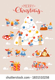 Merry Christmas greeting poster with cute cartoon gnomes being in hygge lifestyle and  doing activities. New Year symbol activities. 