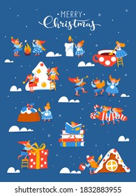 Merry Christmas greeting poster with cute cartoon gnomes being in hygge lifestyle and  doing activities. New Year symbol activities on night background. 
