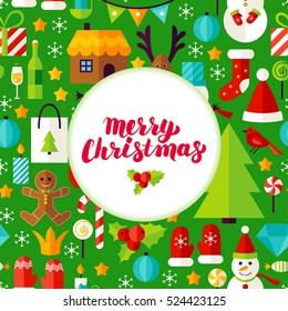 Merry Christmas Greeting Poster. Flat Style Vector Illustration for Winter Holiday Promotion.