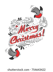Merry Christmas greeting poster with lettering and bullfinch. Retro poster, banner, print or postcard