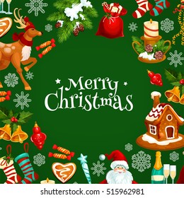 Merry Christmas greeting poster with Santa Claus, gift box, candy cane, holly berry and pine branch, snowflake, bell, candle, xmas sock, bauble, gingerbread house, deer. Xmas card design